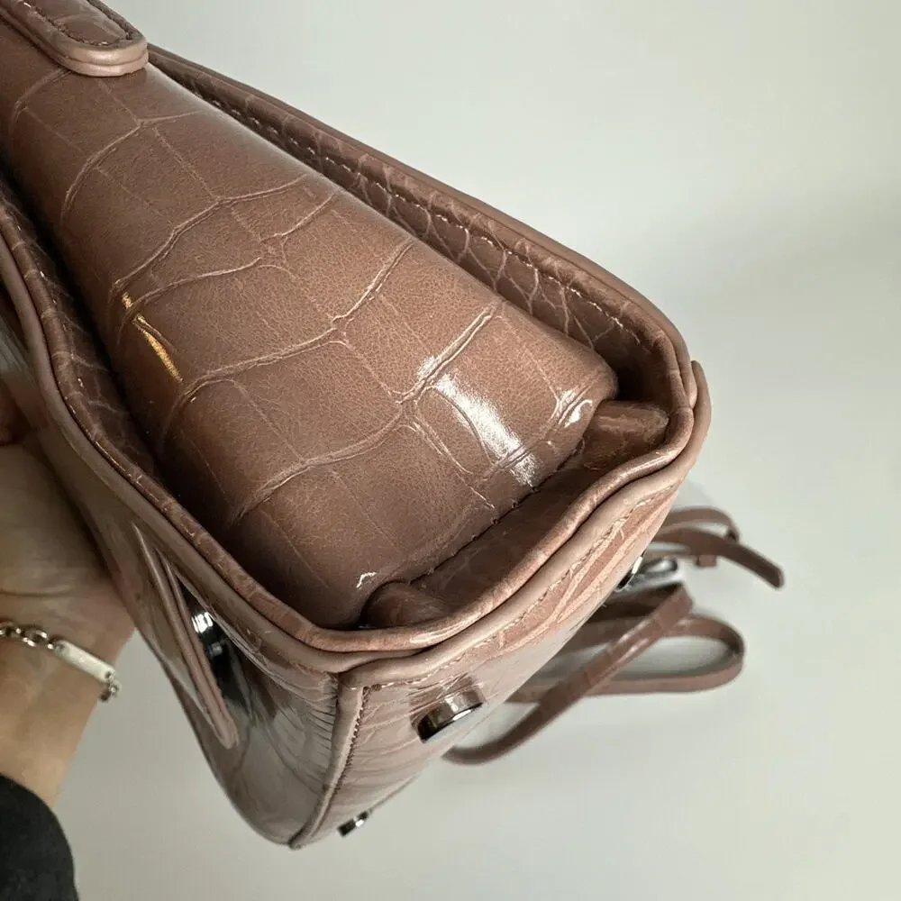 Antik Kraft Croc Embossed Top Handle Mini Crossbody Bag Vegan Leather Tan EUC